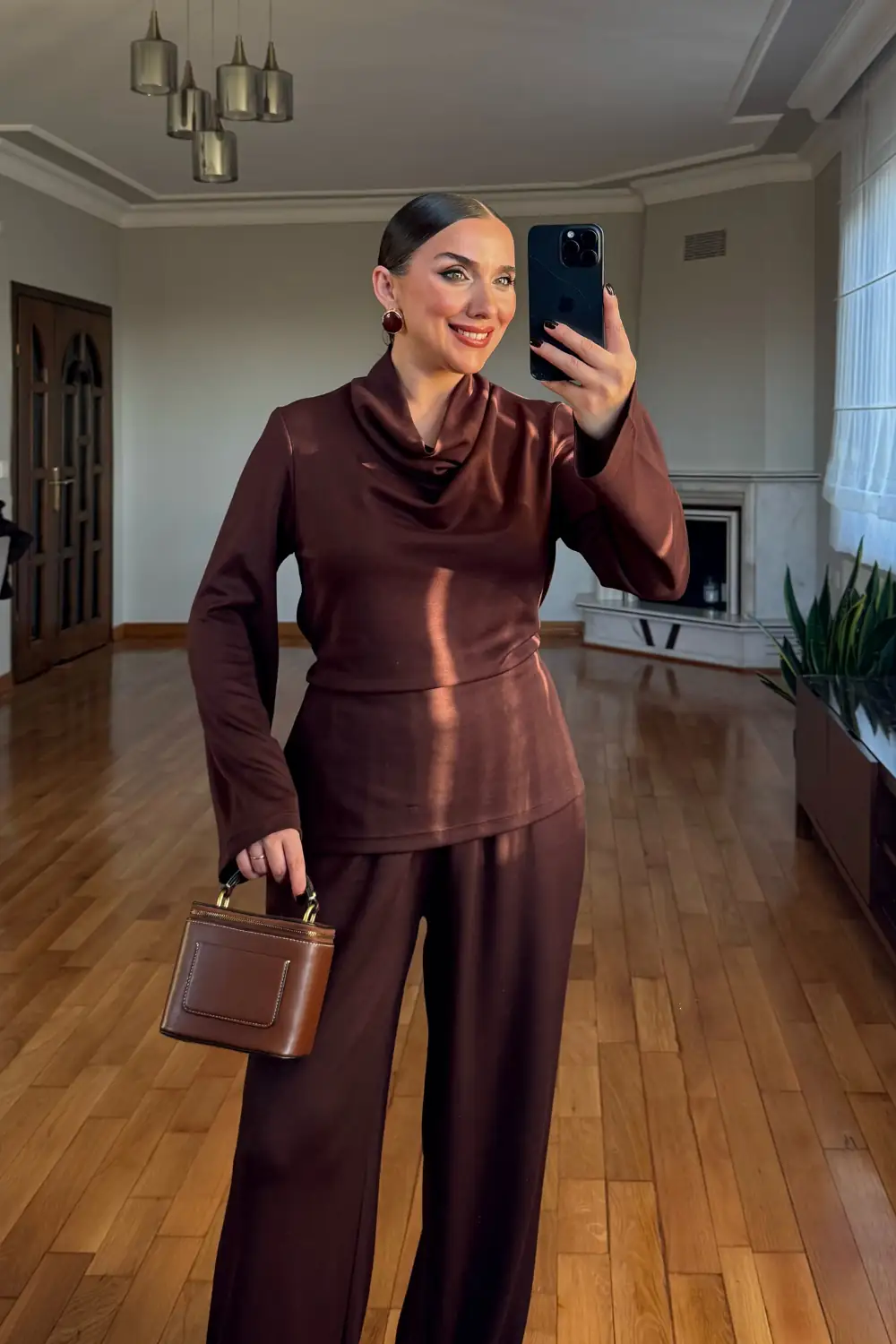 Modal Degaje Yaka Bluz Pantolon Takım - Kahverengi