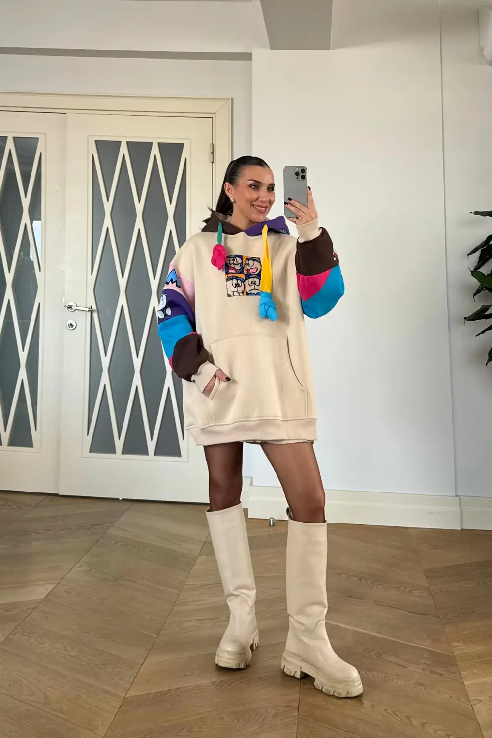 Oversize Kapüşonlu Kadın Sweatshirt - Bej
