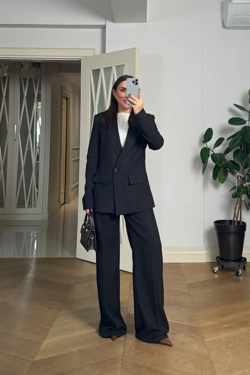 Kruvaze Çizgili Blazer Ceket Pantolon Kadın Takım - Koyu Kahverengi
