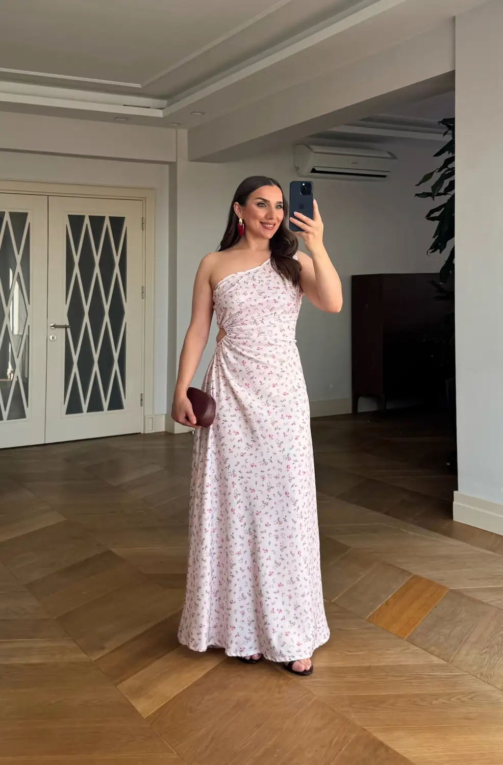 Çiçek Desenli Tek Omuz Uzun Elbise - Pembe