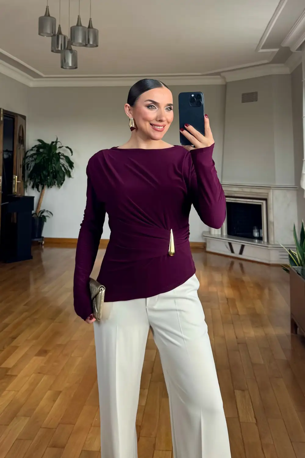 Vatkalı Drape Detaylı Uzun Kollu Bluz - Mürdüm