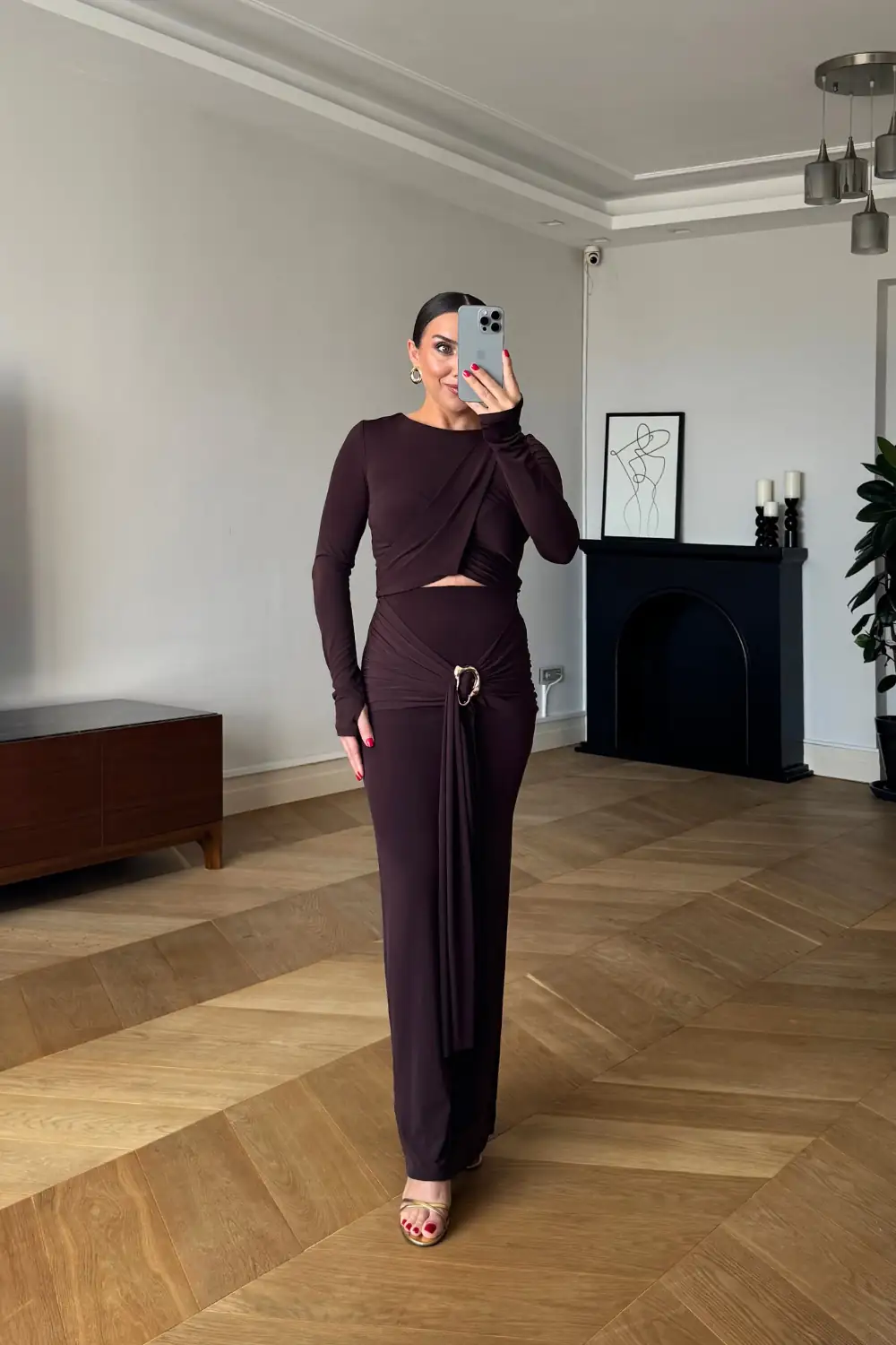 Toka Detaylı Bluz Etek Takım - Kahverengi