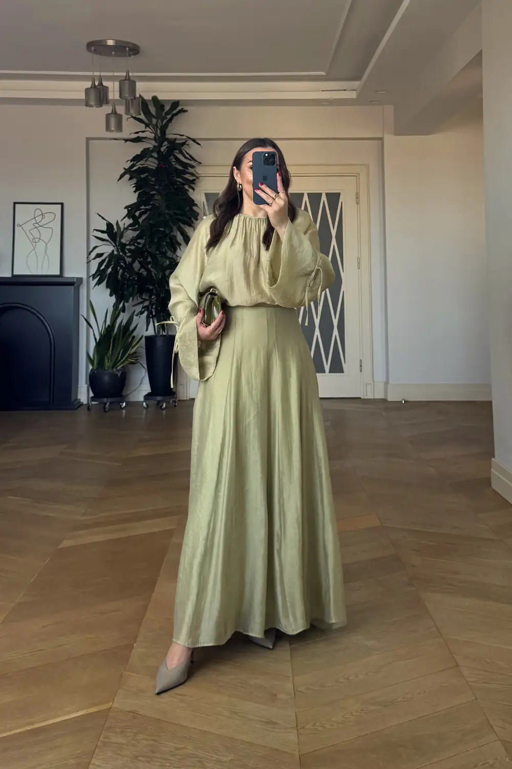 Büzgü Detaylı Bluz Etek Tencel Takım - Yeşil