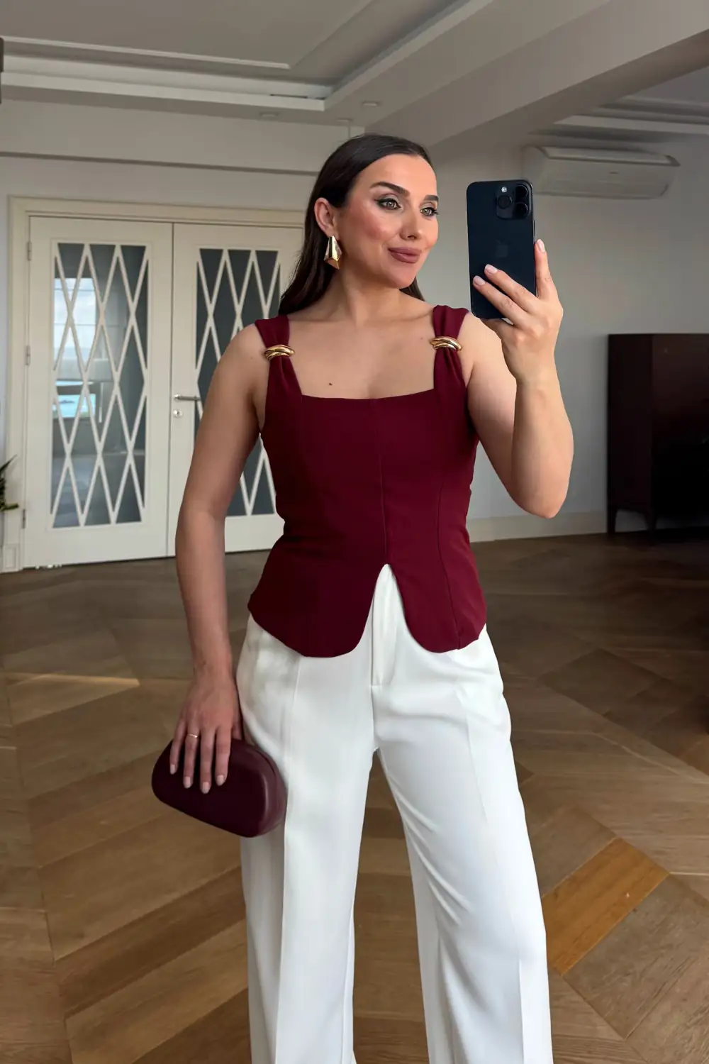 Kare Yaka Askılı Büstiyer - BORDO