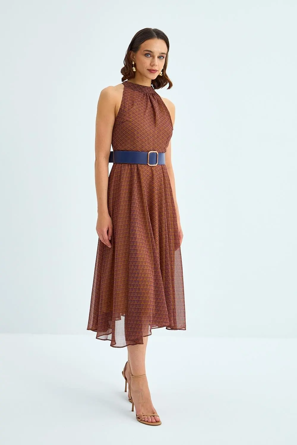 Halter Yaka Kemerli Midi Şifon Elbise 1
