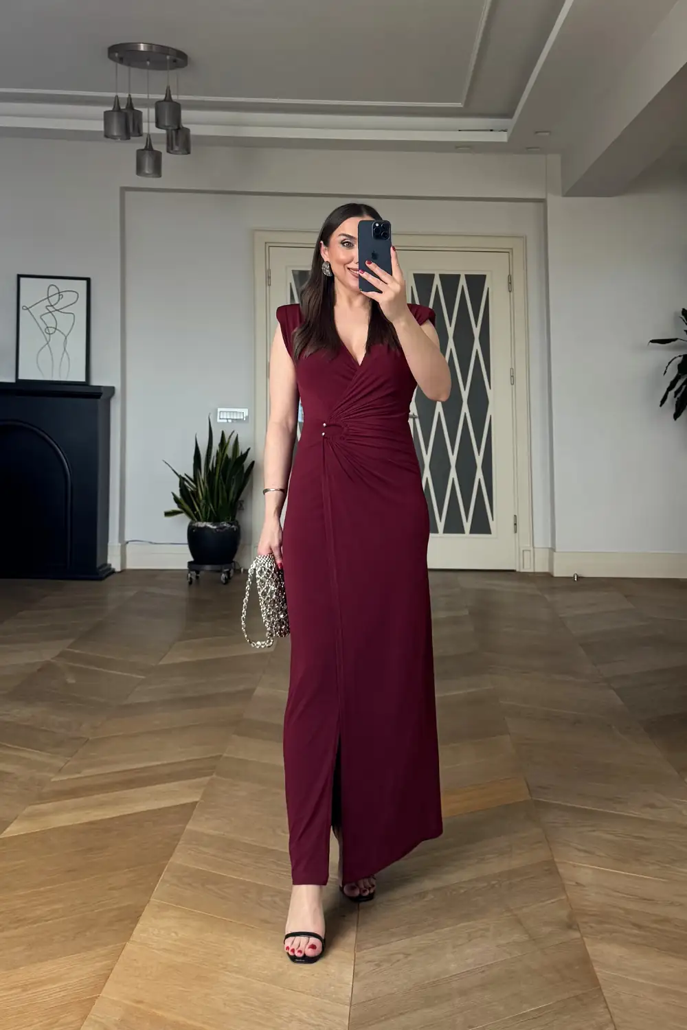 Kruvaze Yaka Vatkalı Uzun Elbise - BORDO