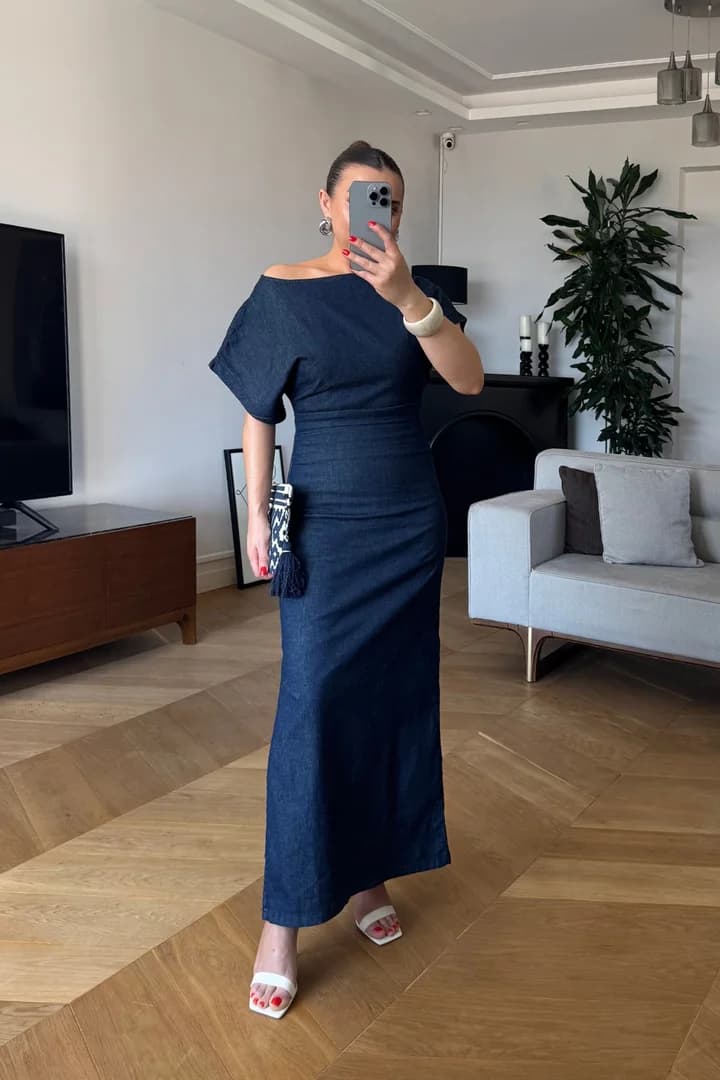 Drape Detaylı Likralı Midi Denim Elbise - Lacivert