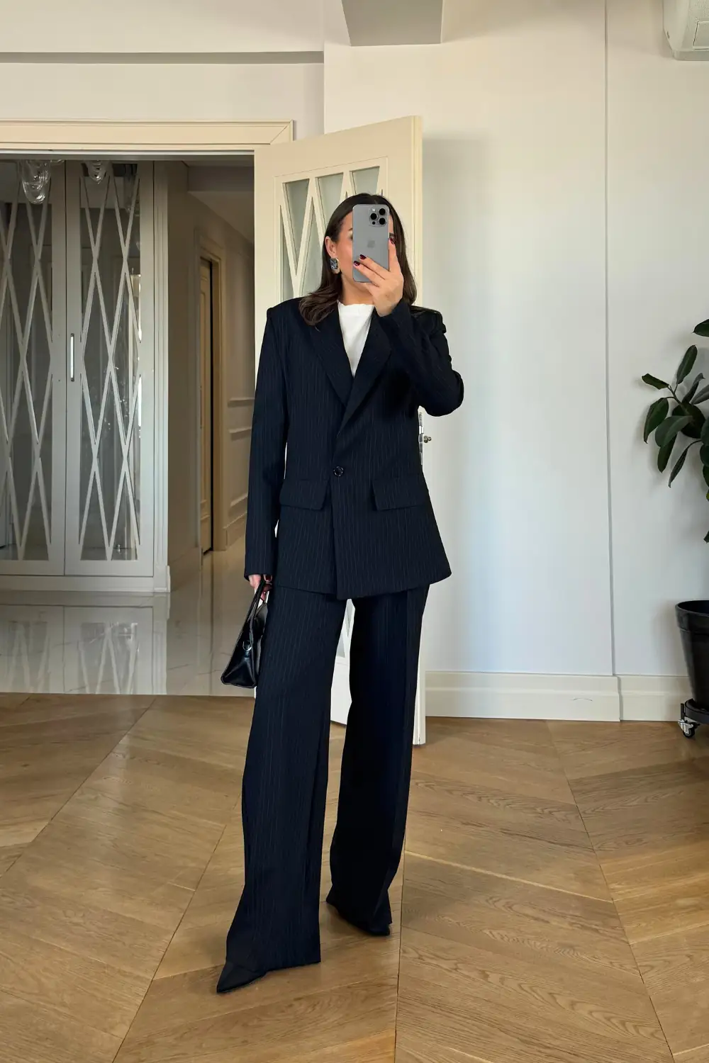 Kruvaze Çizgili Blazer Ceket Pantolon Kadın Takım - SİYAH