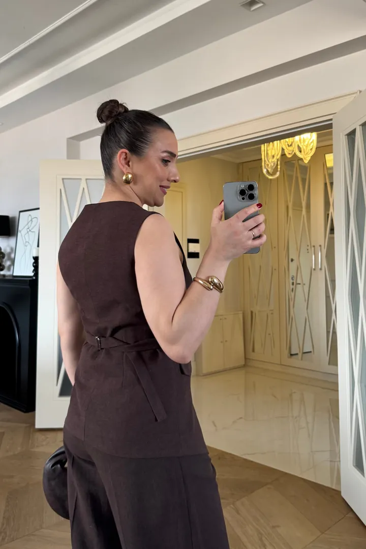 Bisiklet Yaka Keten Karışımlı Kadın Yelek - Kahverengi