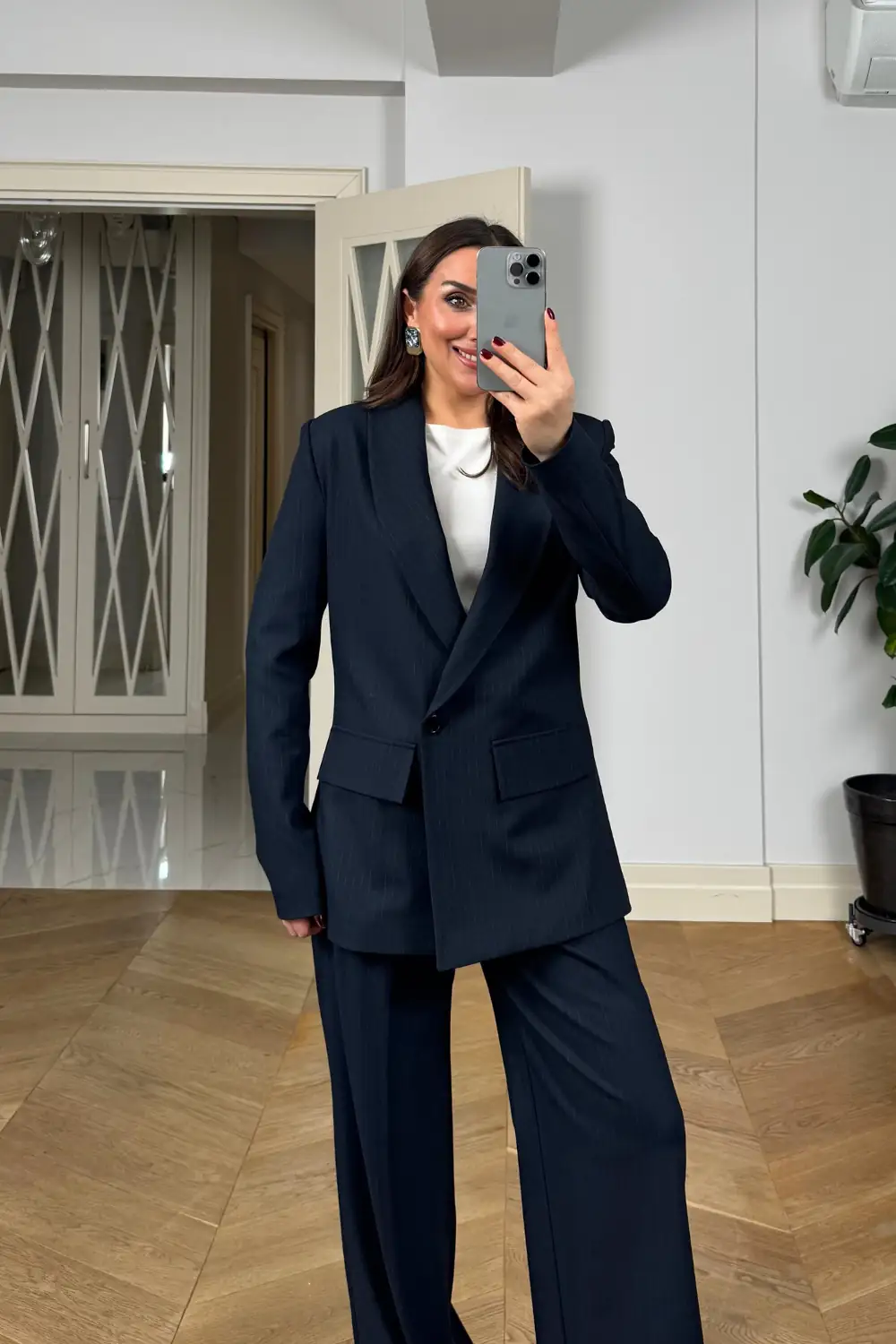 Kruvaze Çizgili Blazer Ceket Pantolon Kadın Takım - Lacivert