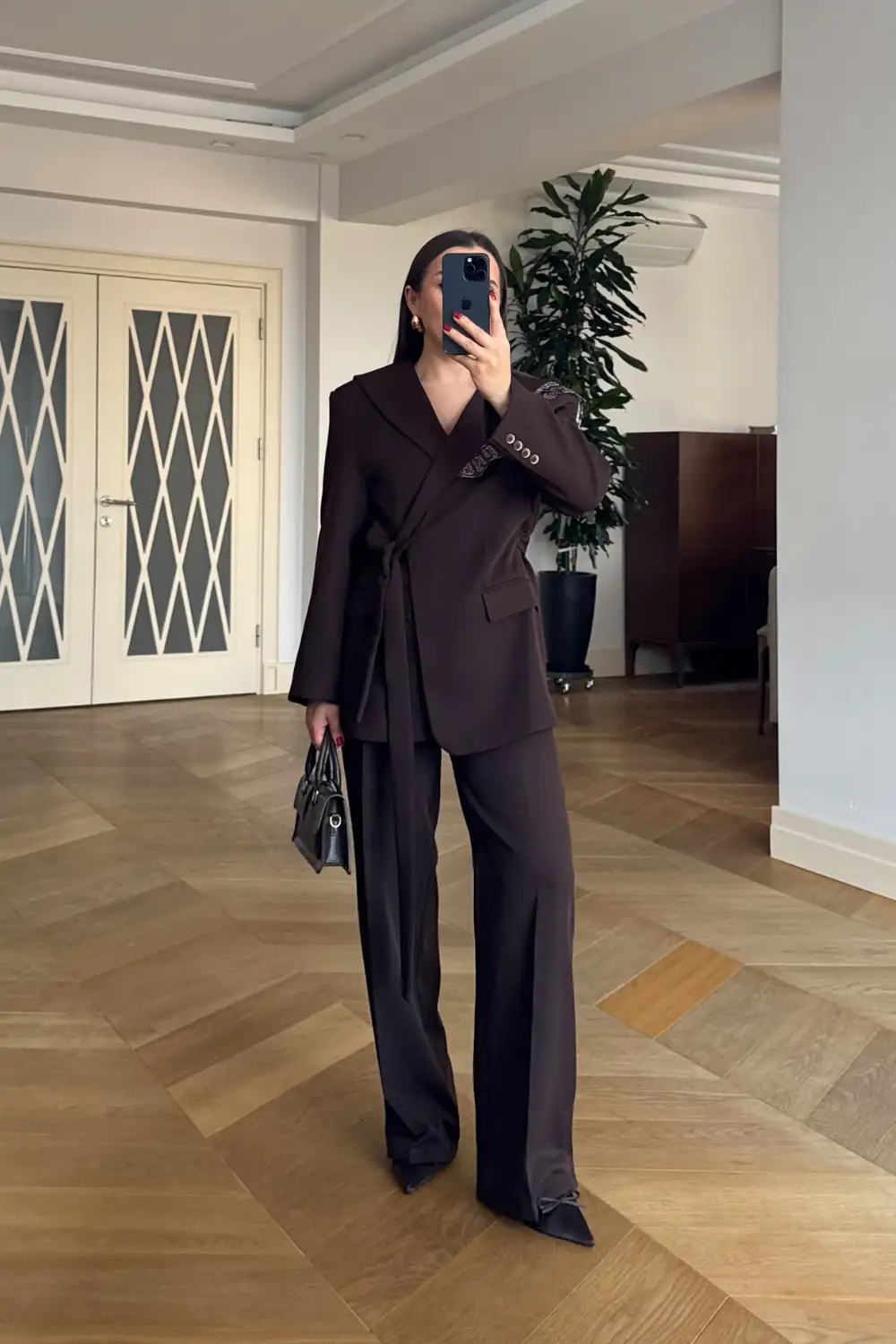 Pelerin Detaylı Blazer Ceket Pantolon Kadın Takım - Kahverengi