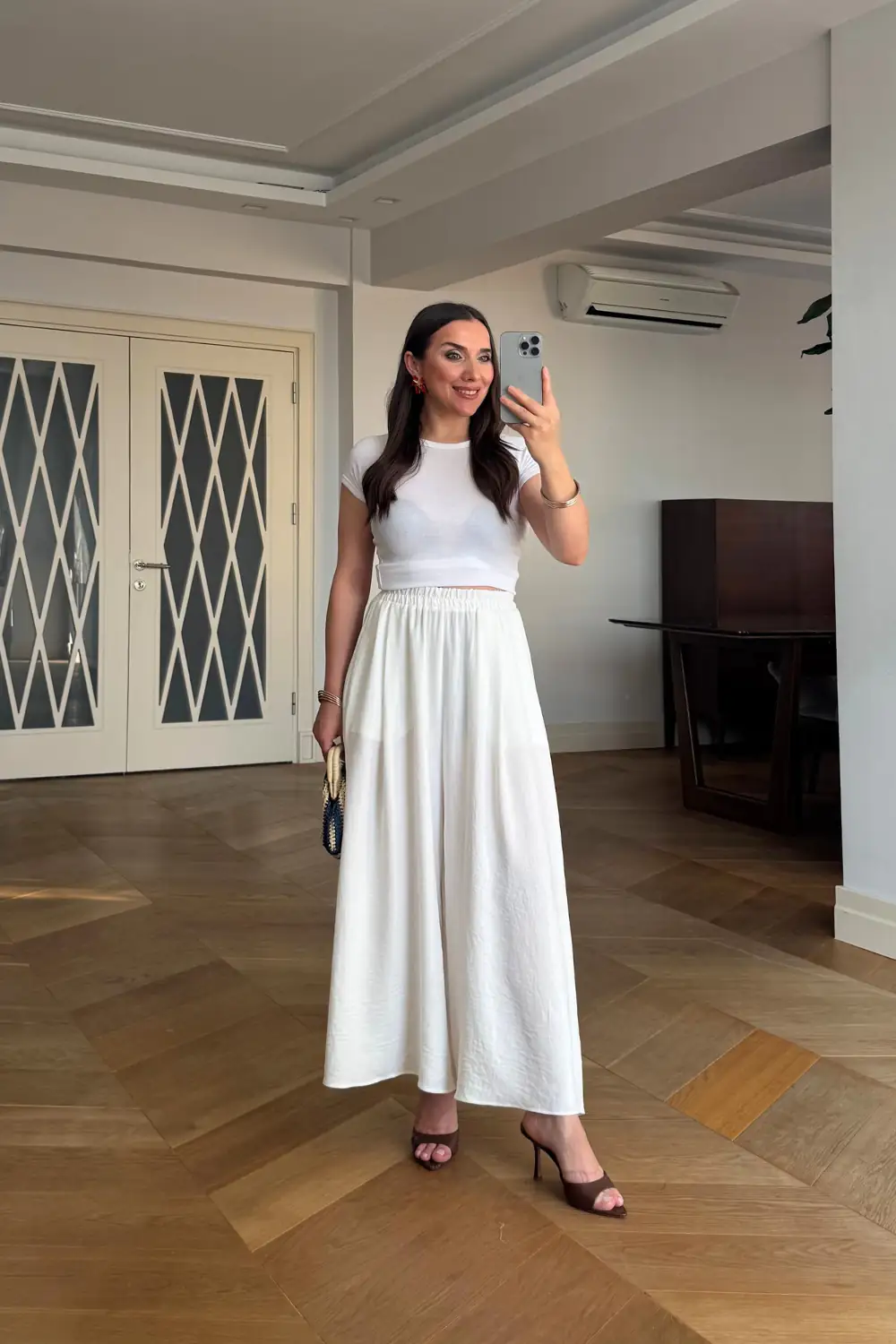 Etek Görünümlü Geniş Paça Kadın Pantolon - Beyaz