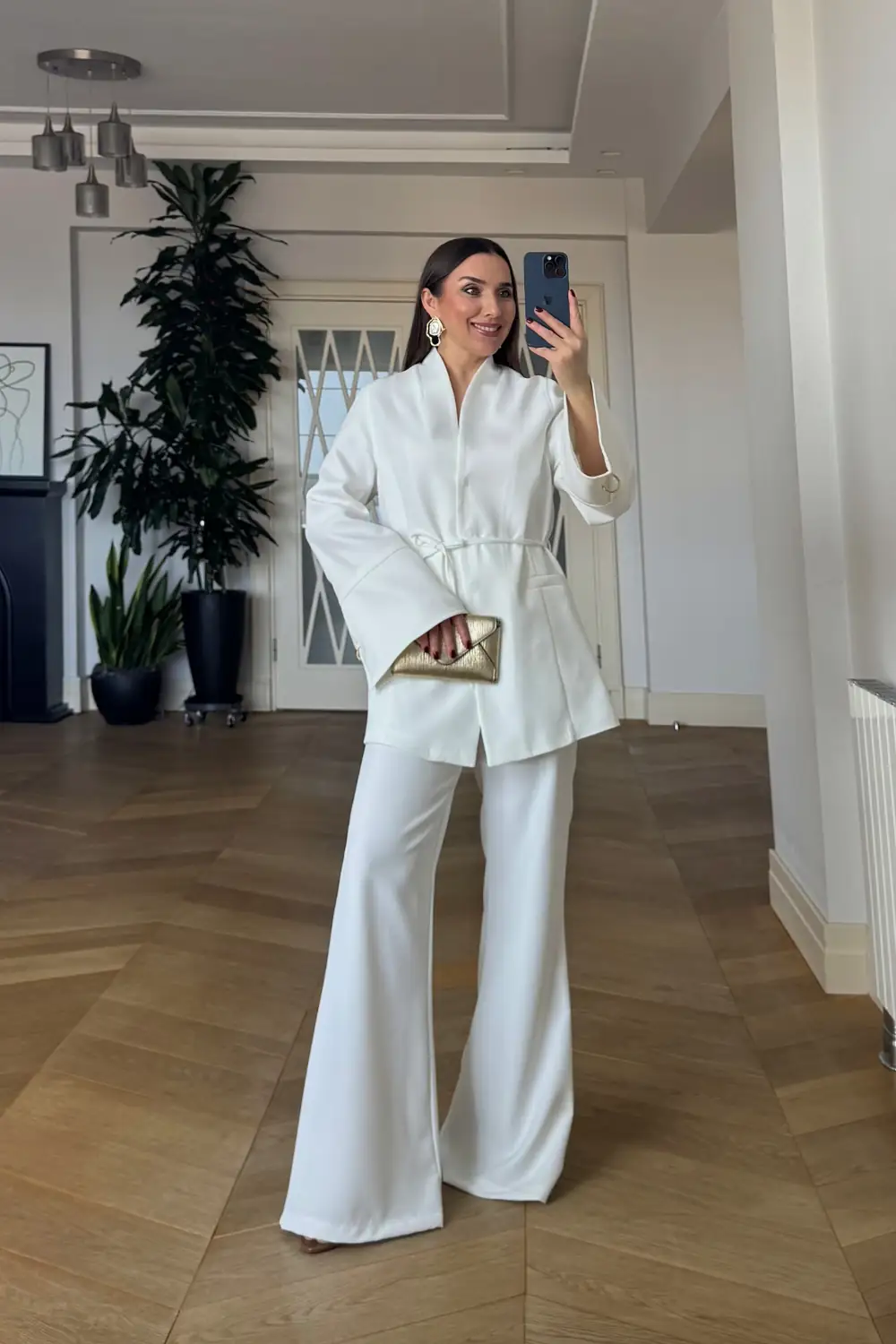 Dik Yaka Blazer Ceket Pantolon Kadın Takım - Beyaz