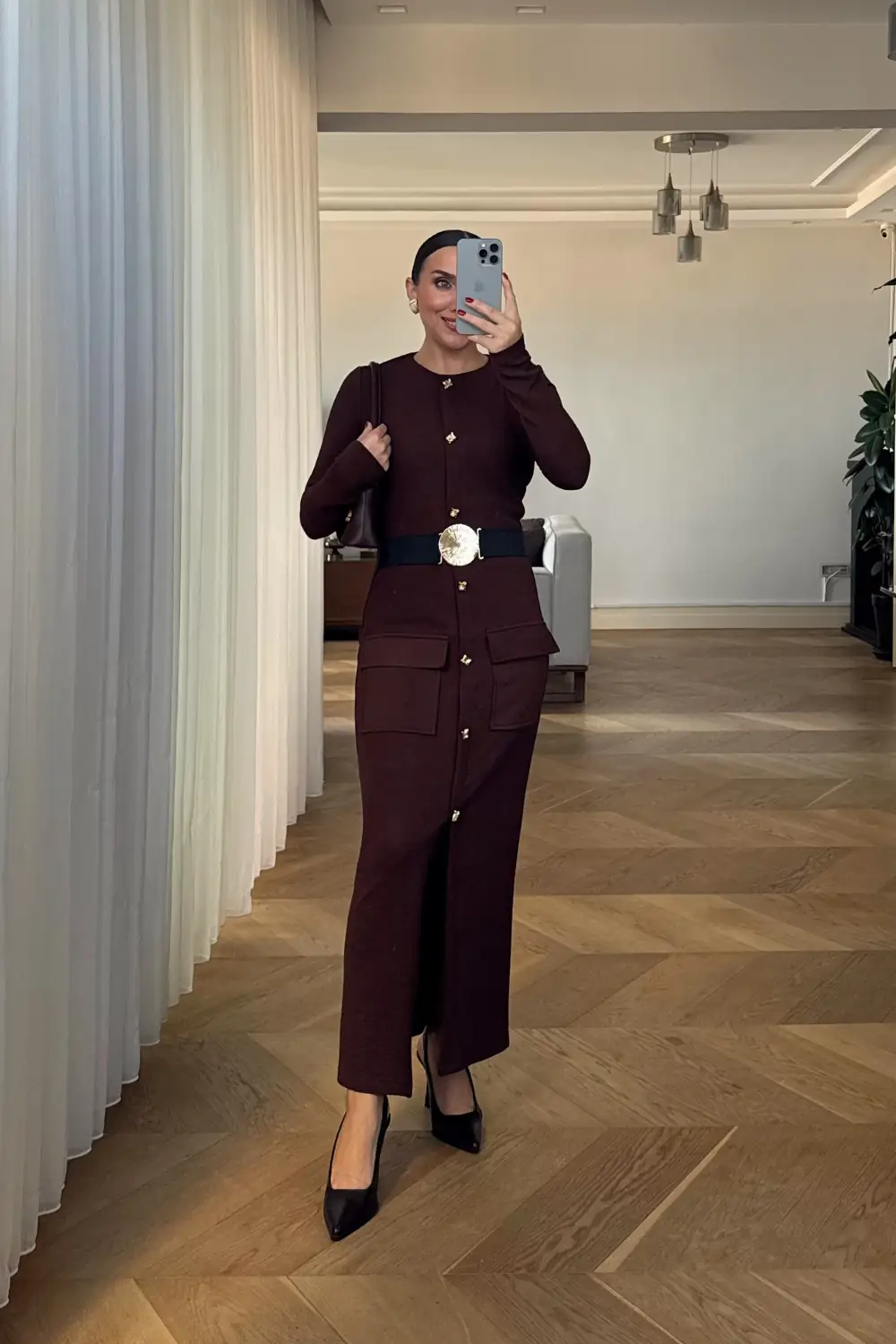 Düğme detaylı Uzun Kollu Elbise 5