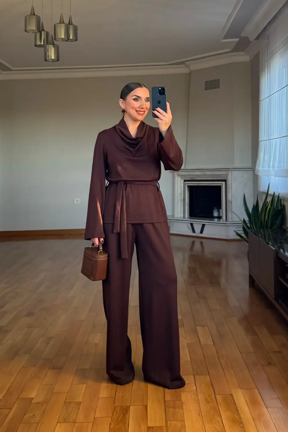 Modal Degaje Yaka Bluz Pantolon Takım - Kahverengi