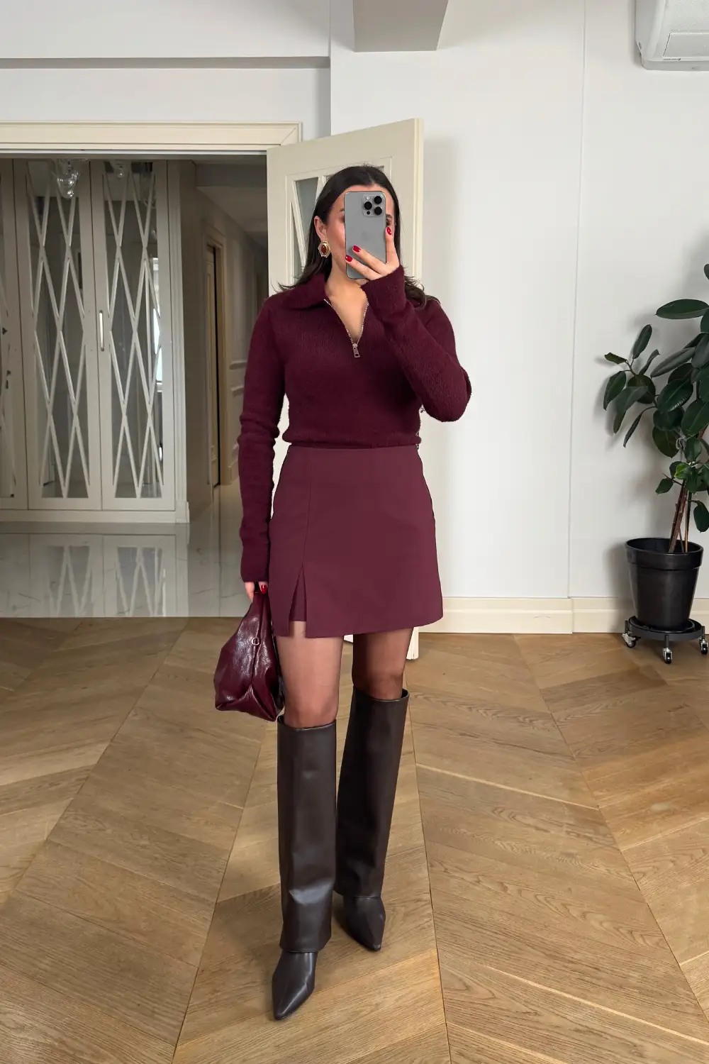 Yırtmaç Detaylı Mini Şort Etek - BORDO