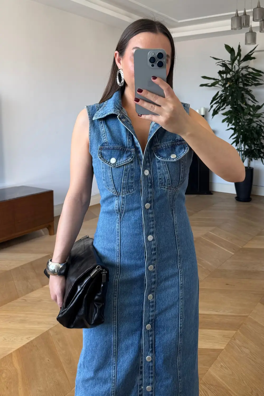 Sıfır Kol Denim Uzun Gömlek Elbise 2