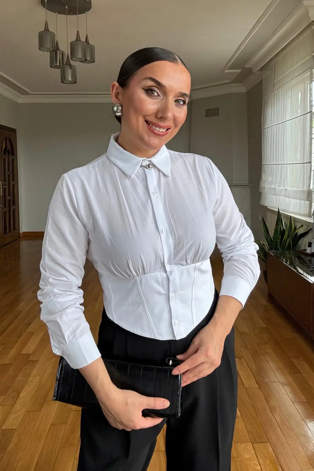 Korse Görünümlü Uzun Kollu Poplin Gömlek 7