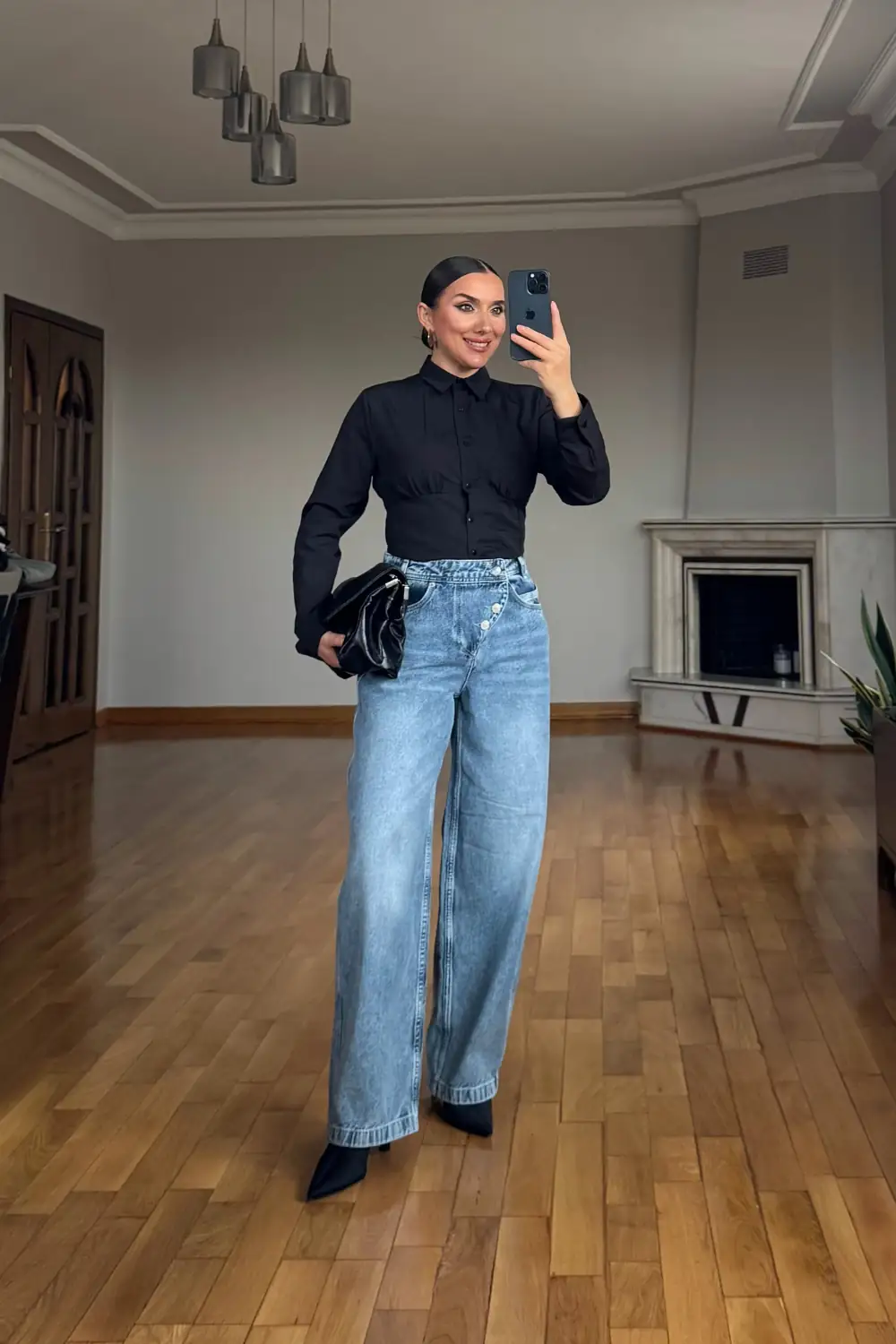 Düğmeli Baggy Kadın Jean