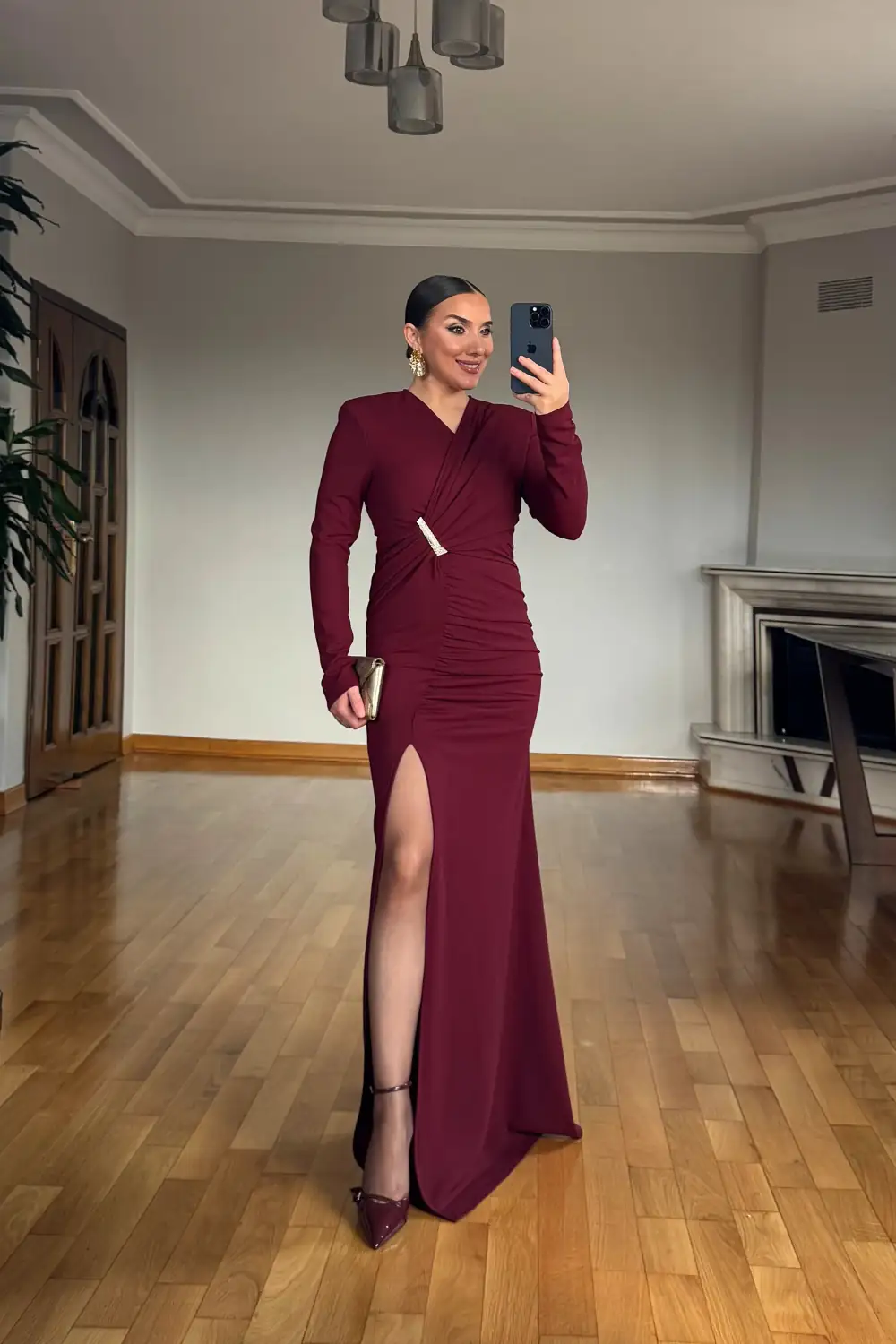 Kruvaze Drape Detaylı Yırtmaçlı Maxi Elbise - BORDO