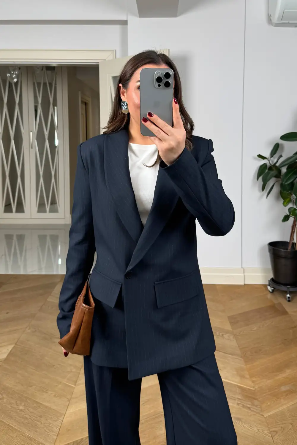 Kruvaze Çizgili Blazer Ceket Pantolon Kadın Takım - Lacivert