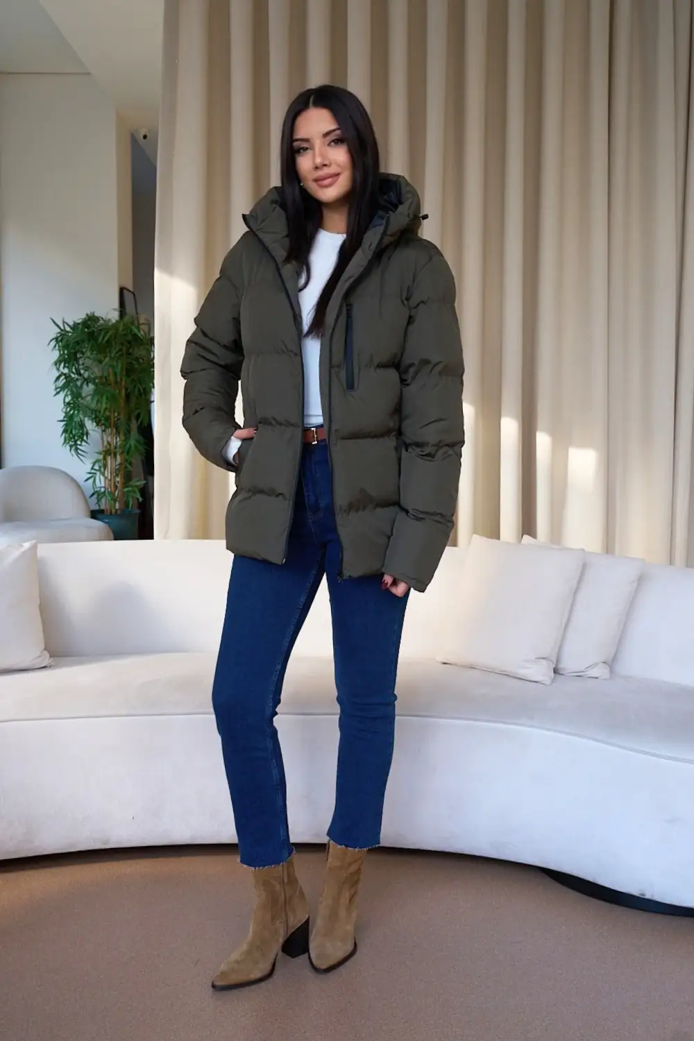 Unisex Dik Yaka Kapüşonlu Rüzgar Geçirmez Şişme Mont 3