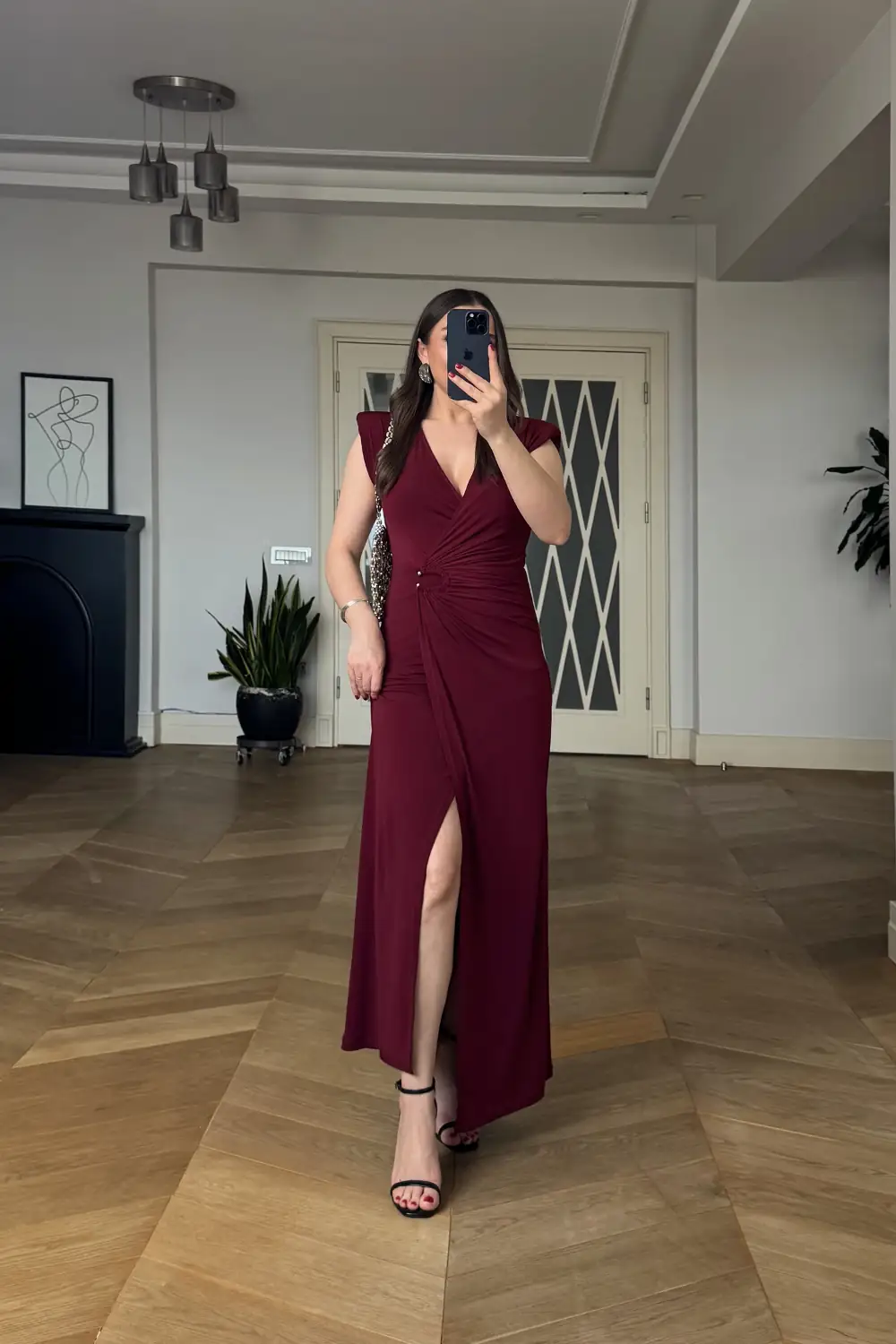 Kruvaze Yaka Vatkalı Uzun Elbise - BORDO