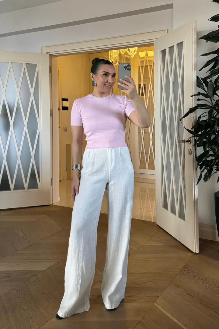 Basic Bisiklet Yaka Kısa Kollu Kadın Crop Tişört - Pembe
