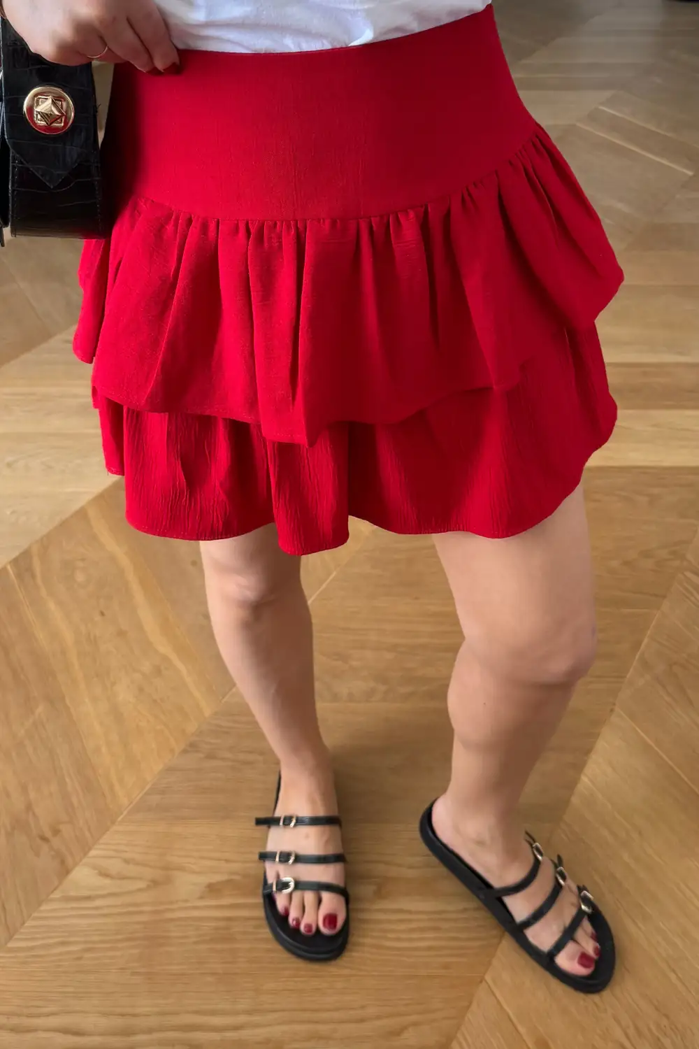 Volanlı Mini Şort Etek - Kırmızı