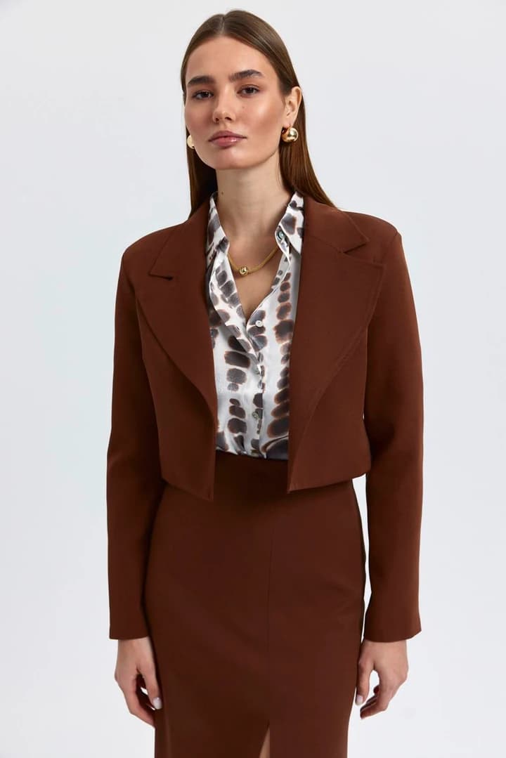 Vatkalı Blazer Crop Kadın Ceket - Kahverengi