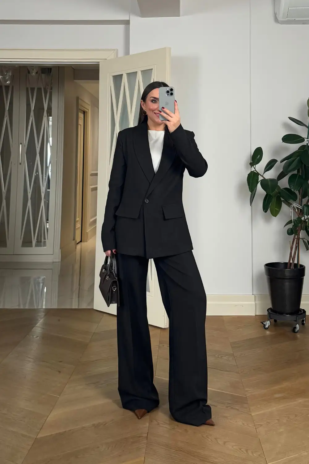 Kruvaze Çizgili Blazer Ceket Pantolon Kadın Takım - Koyu Kahverengi