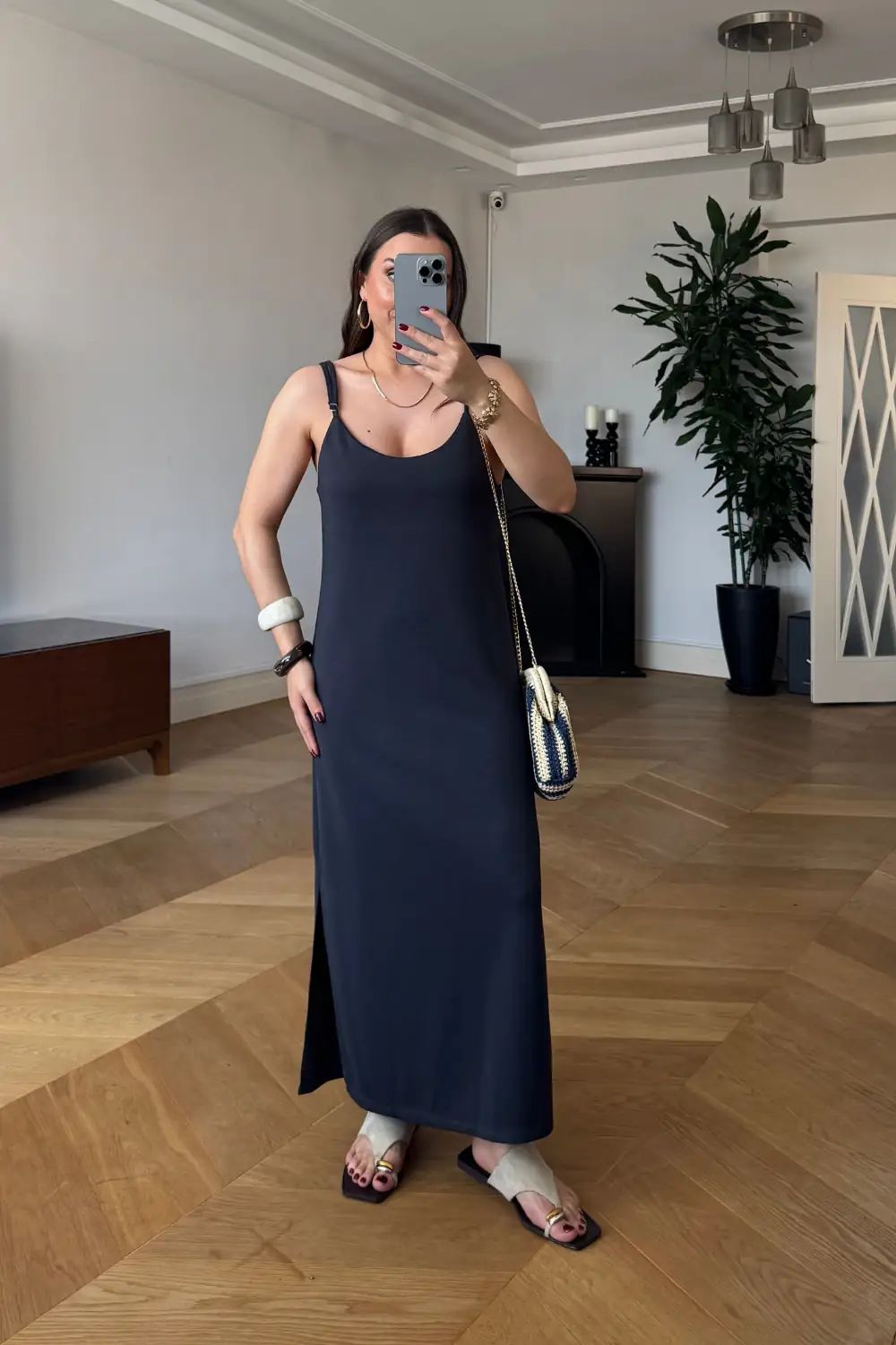 Standart Beden Basic Ayarlanabilir Askılı Uzun Elbise 7
