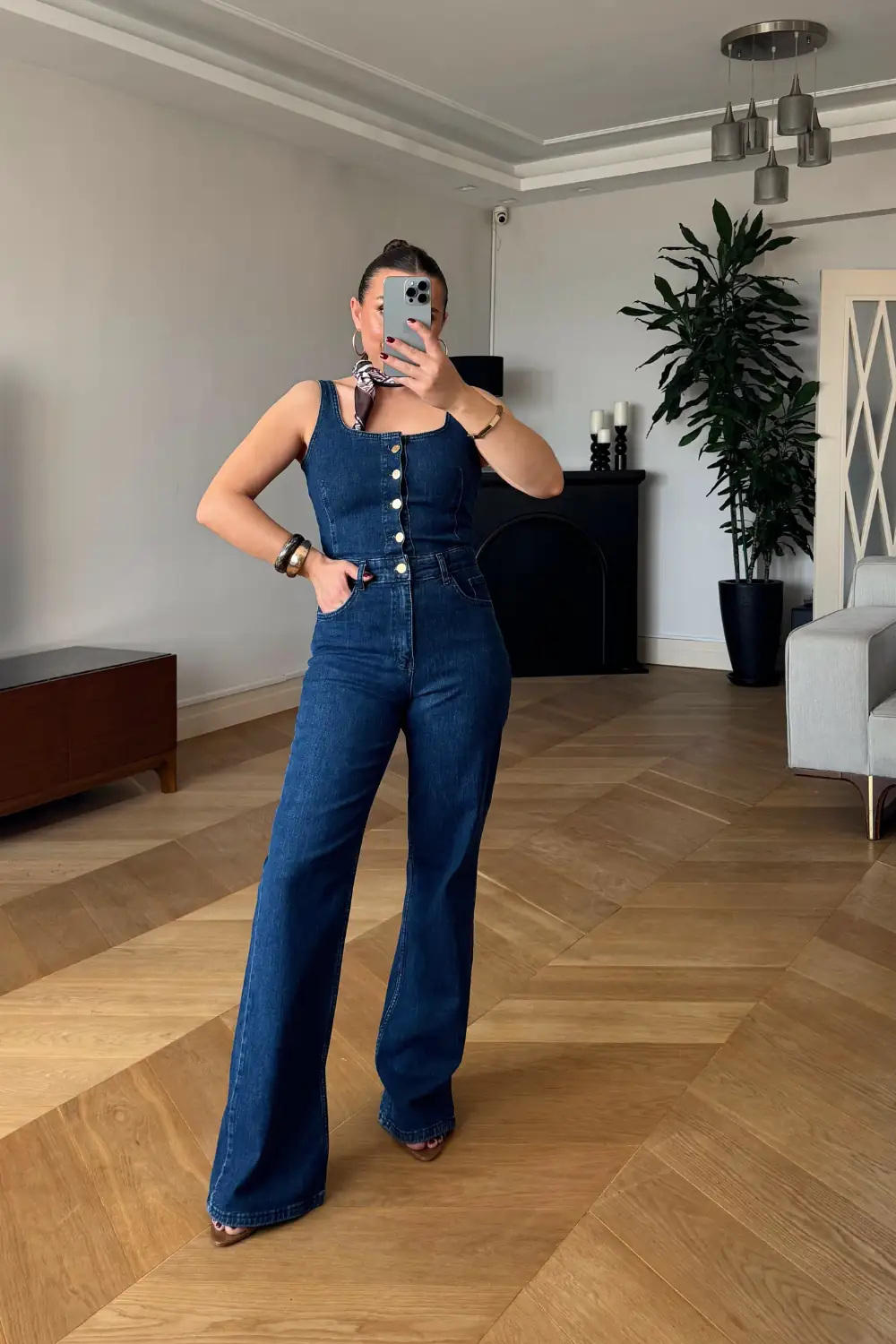 Asklı Denim Kadın Tulum - MAVİ