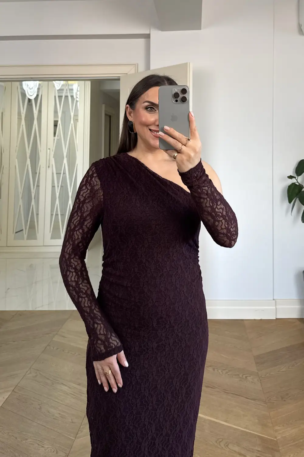 Asimetrik Yaka Dantel Midi Elbise - BORDO
