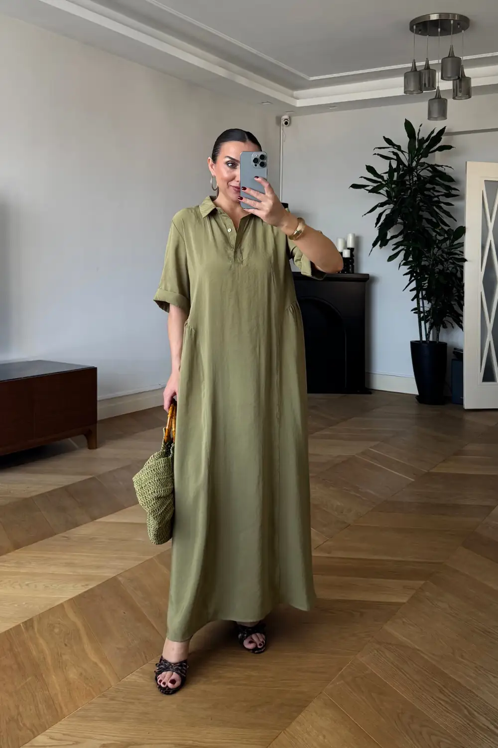 Gömlek Yaka Kısa Kollu Elbise - HAKİ