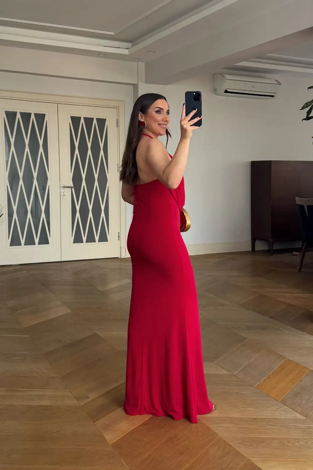Degaje Yaka Boyundan Bağlamalı Uzun Elbise - Kırmızı