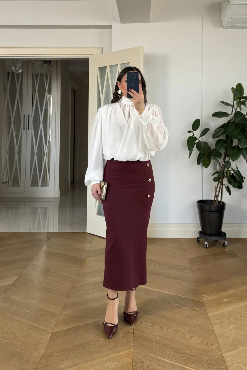 Yırtmaçlı Düğme Detaylı Midi Kalem Etek - BORDO