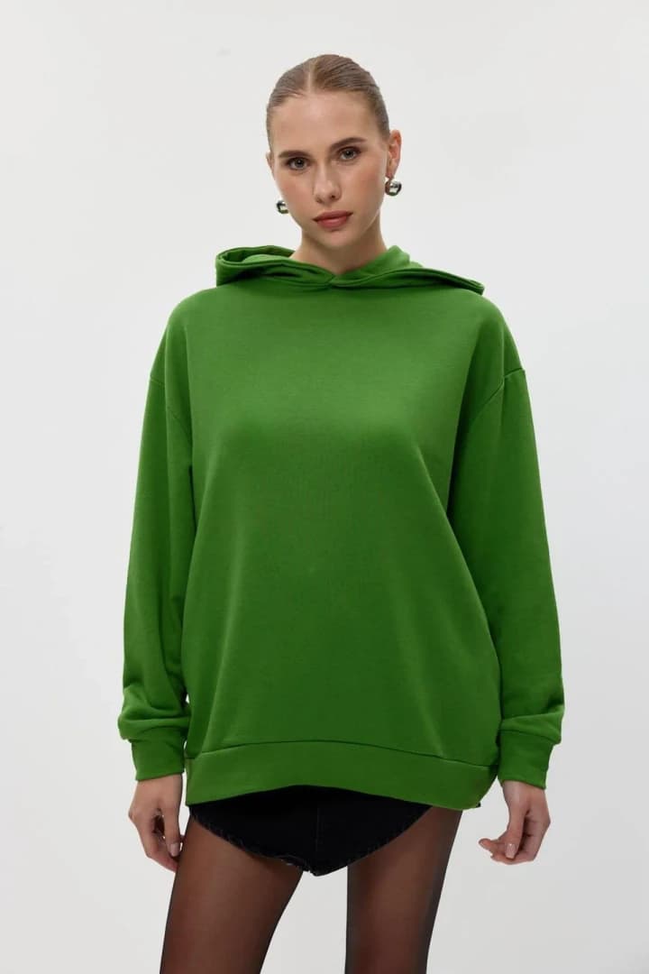 Basic Kapüşonlu Kadın Sweatshirt - Yeşil