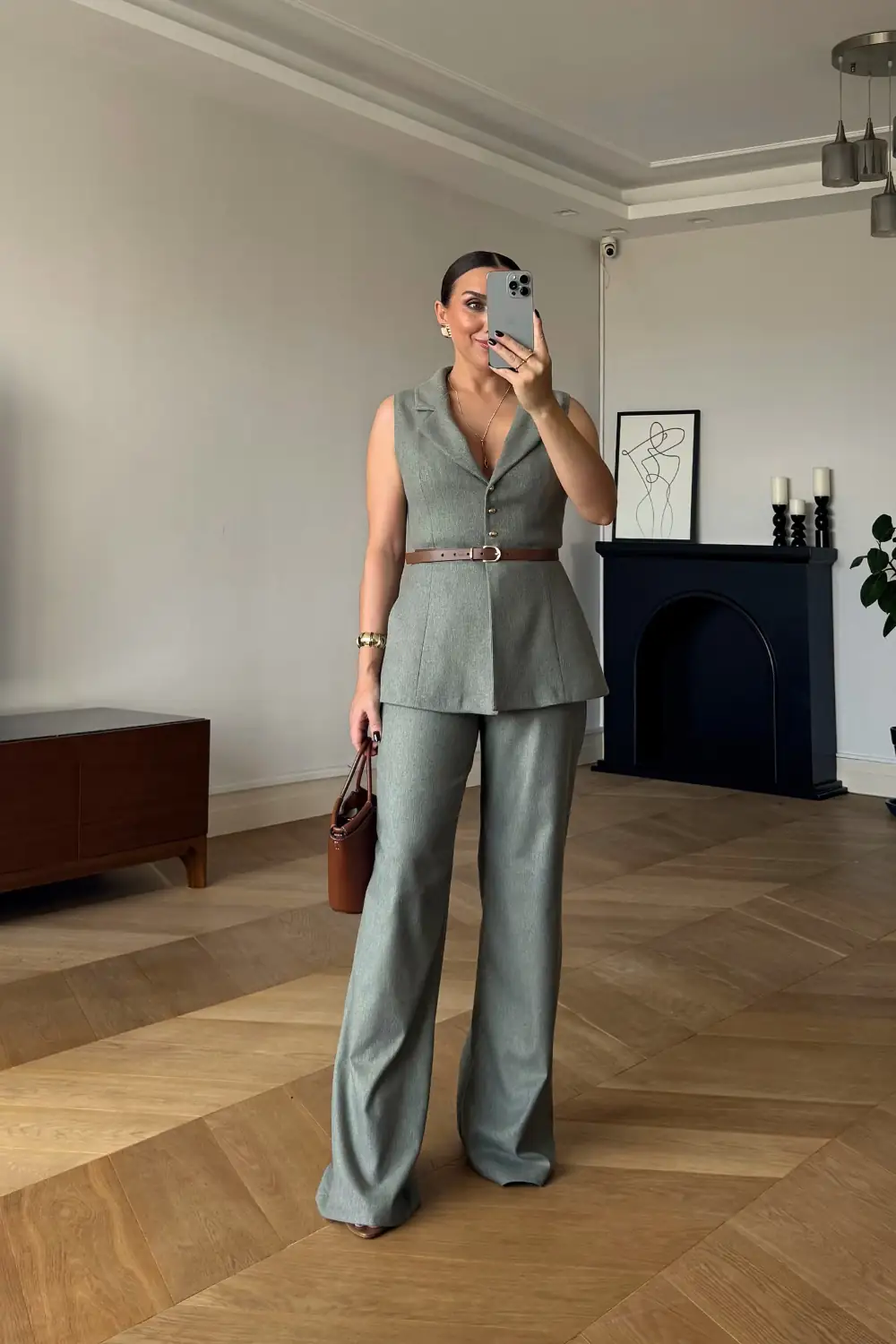 Kemerli Yelek Pantolon Kadın Takım 5