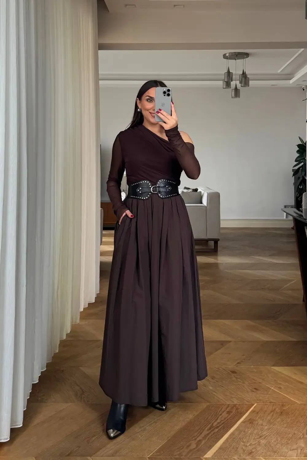 Beli Lastikli Uzun Poplin Etek - Acı Kahve