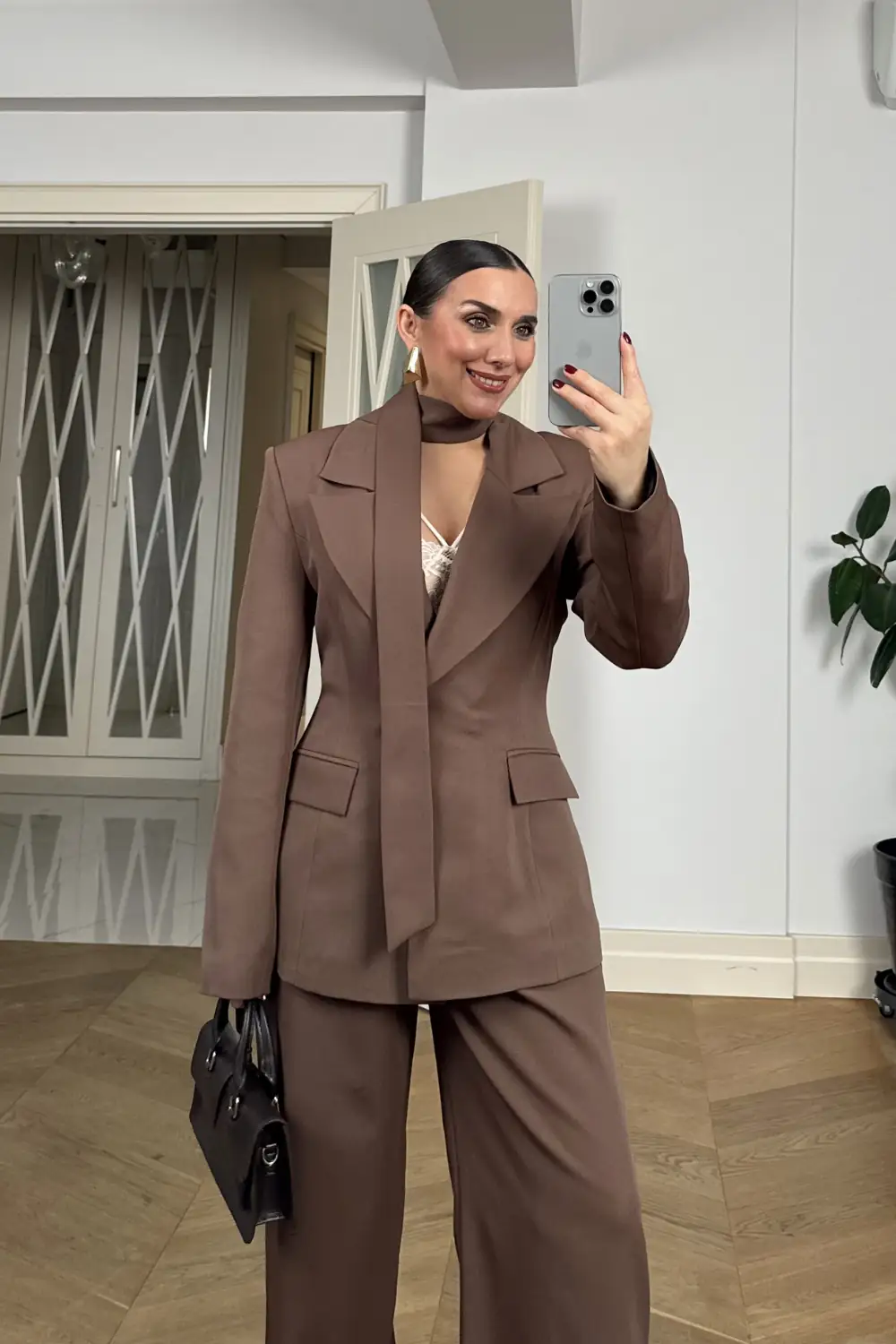 Fular Detaylı Blazer Kadın Ceket - Kahverengi