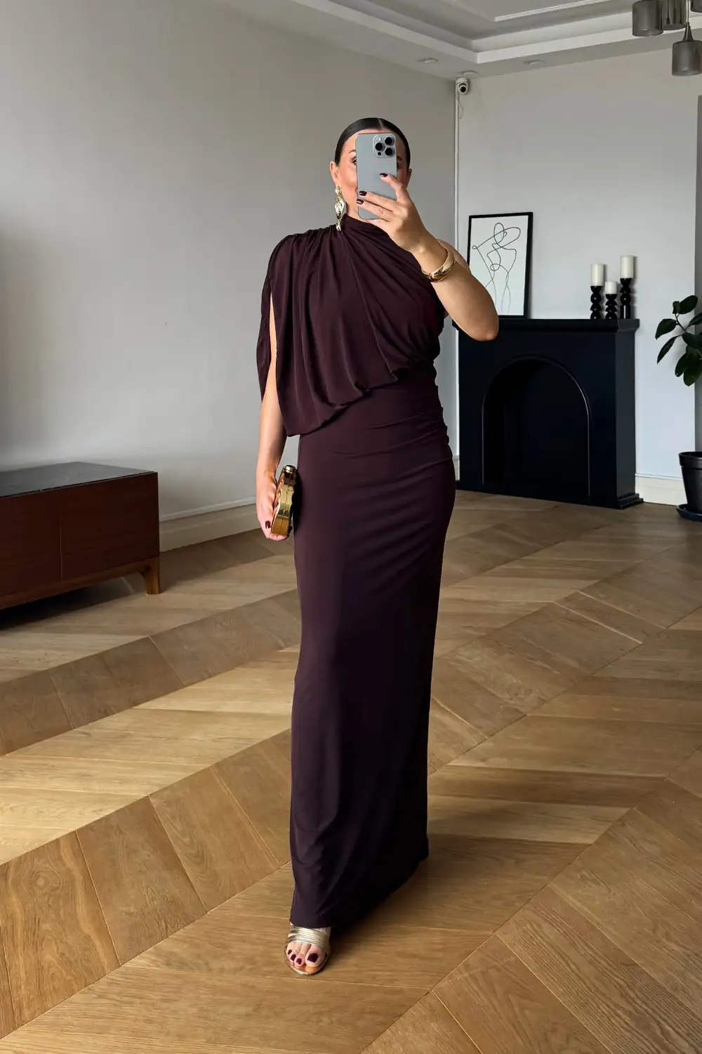 Tek Omuz Drape Detaylı Uzun Elbise 5