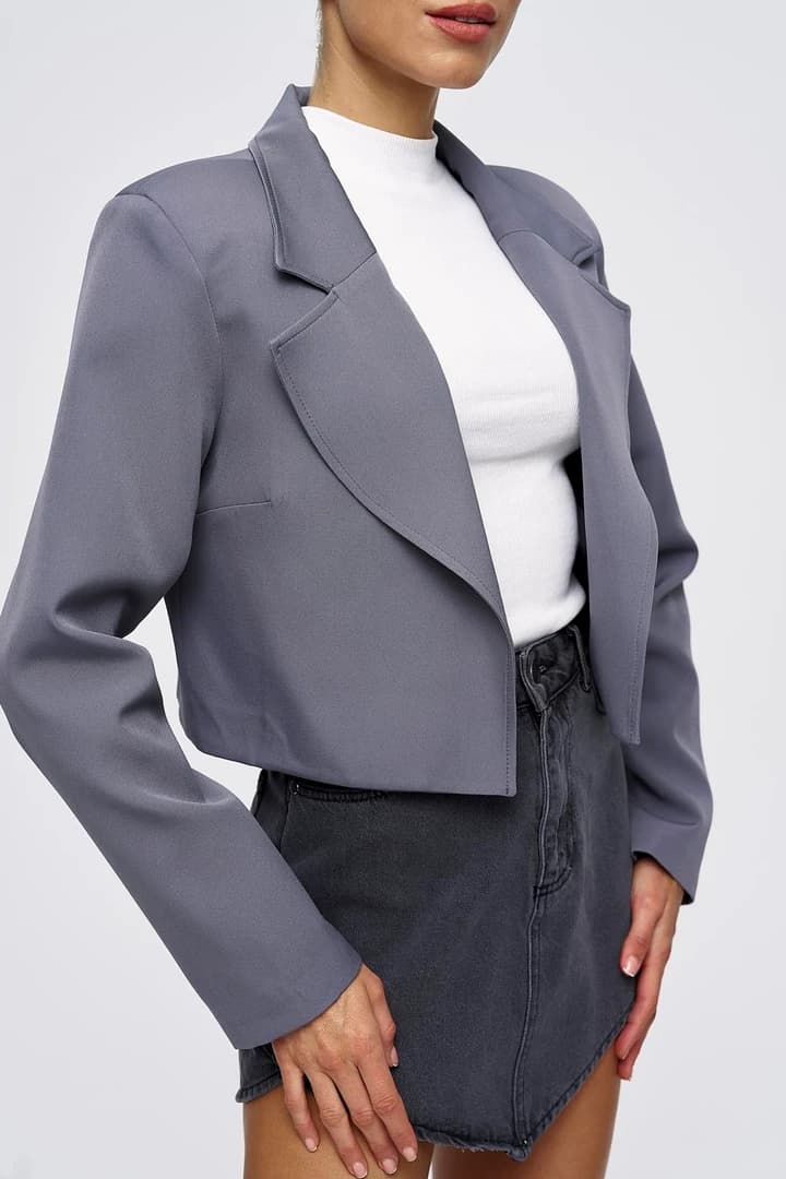 Vatkalı Blazer Crop Kadın Ceket - Gri