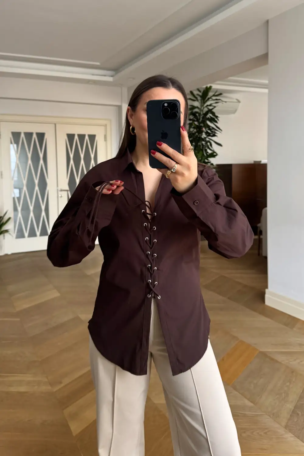 Bağlama Detaylı Uzun Kollu Kadın Gömlek 2