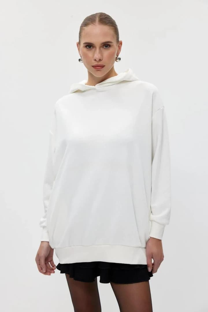 Basic Kapüşonlu Kadın Sweatshirt - Ekru