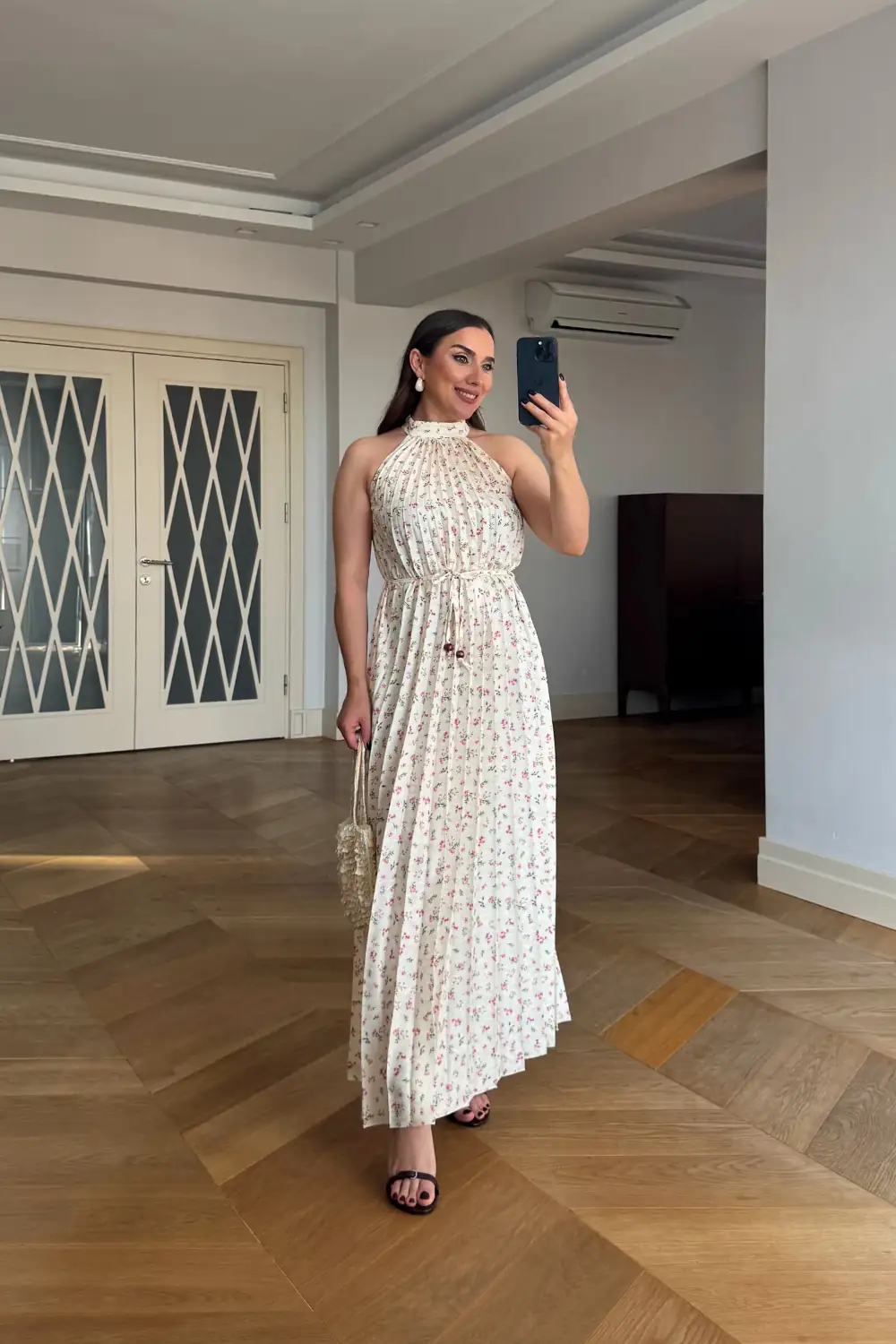 Halter Yaka Çiçek Desenli Midi Elbise - Sarı
