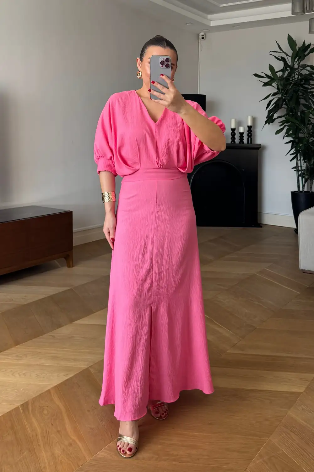V Yaka Kısa Kollu Uzun Elbise - Koyu Pembe