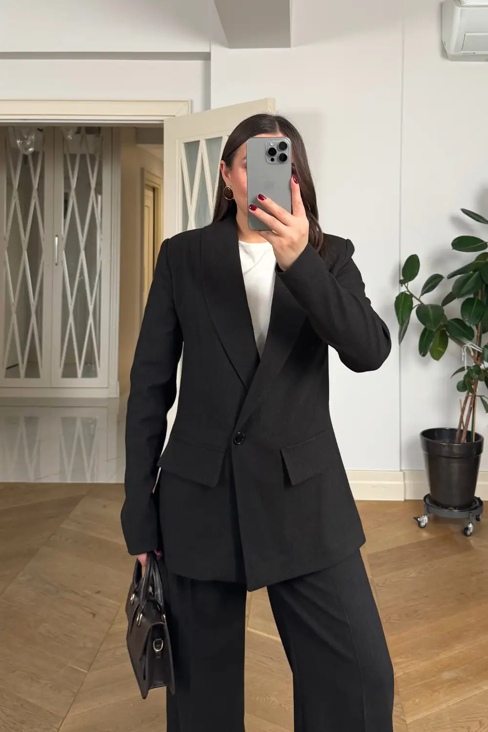 Kruvaze Çizgili Blazer Ceket Pantolon Kadın Takım - Koyu Kahverengi