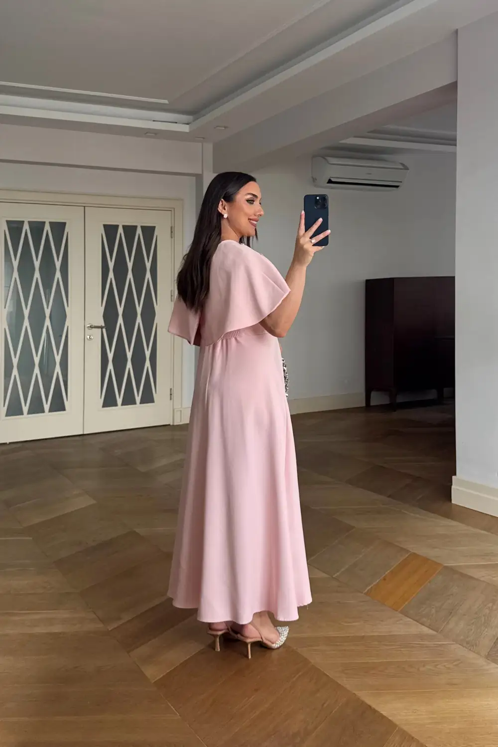 Pelerin Detaylı kare Yaka Askılı Midi Elbise - Pembe