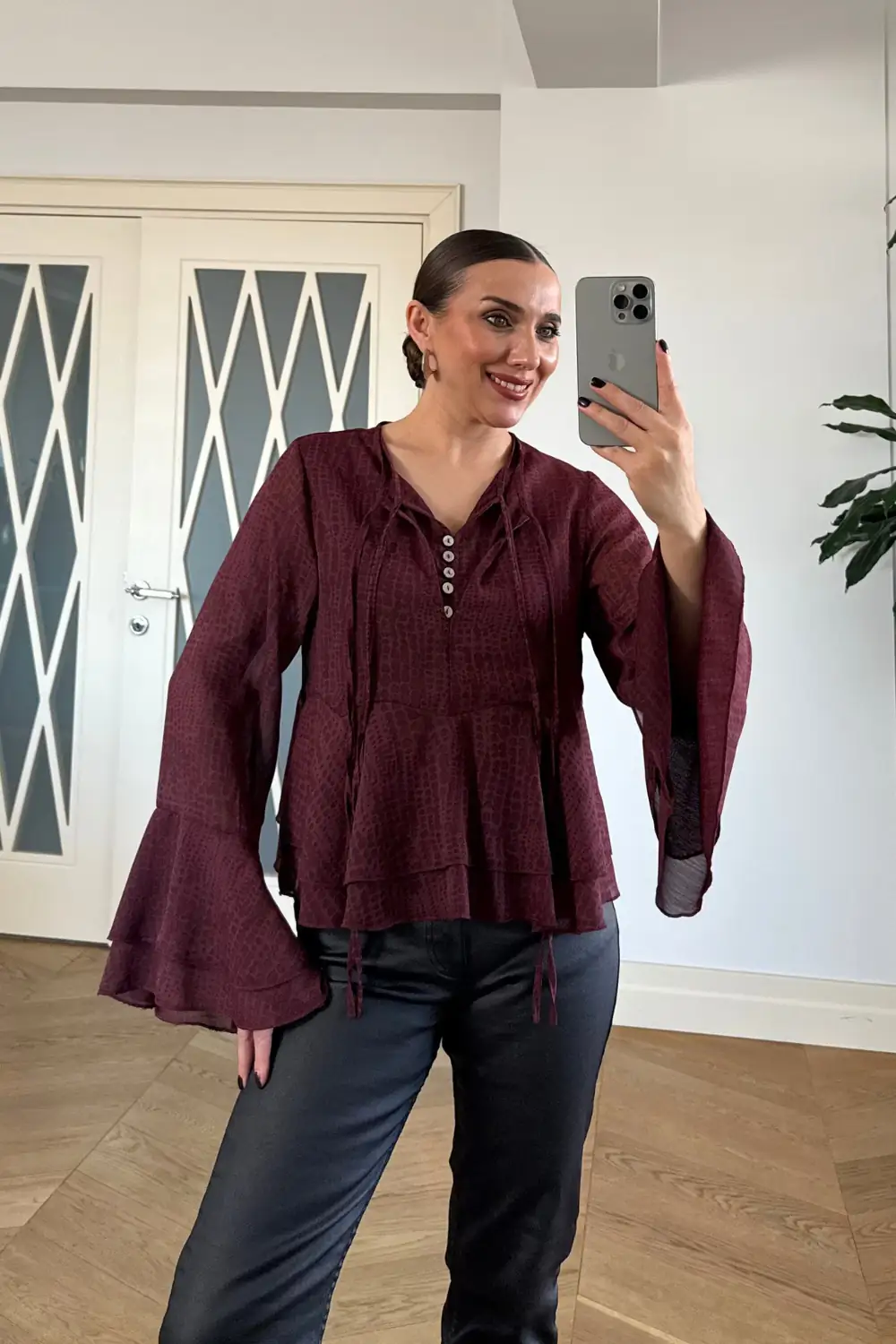 Yakası Bağlamalı Şifon Bluz - BORDO